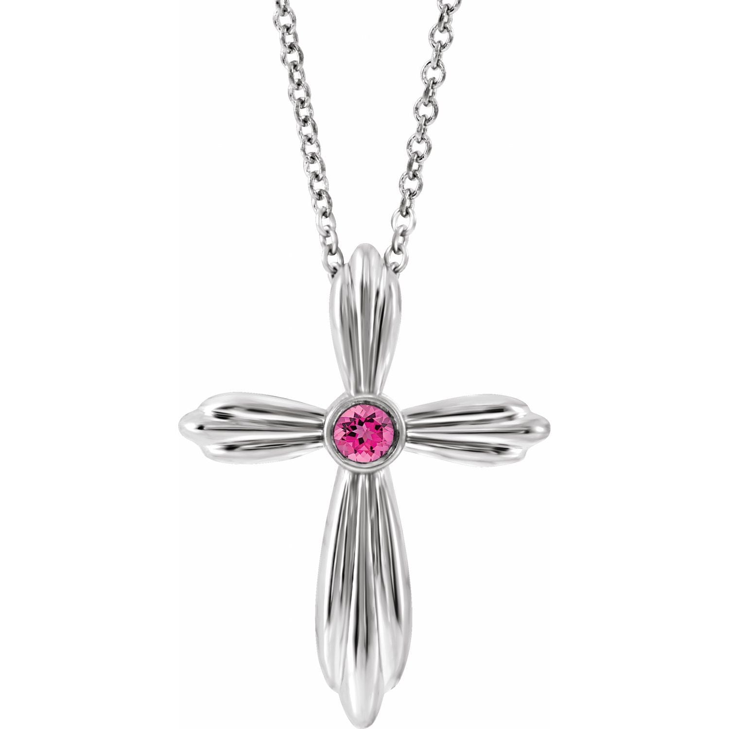 Pink Tourmaline Cross Necklace 16-18" in 14K White Gold