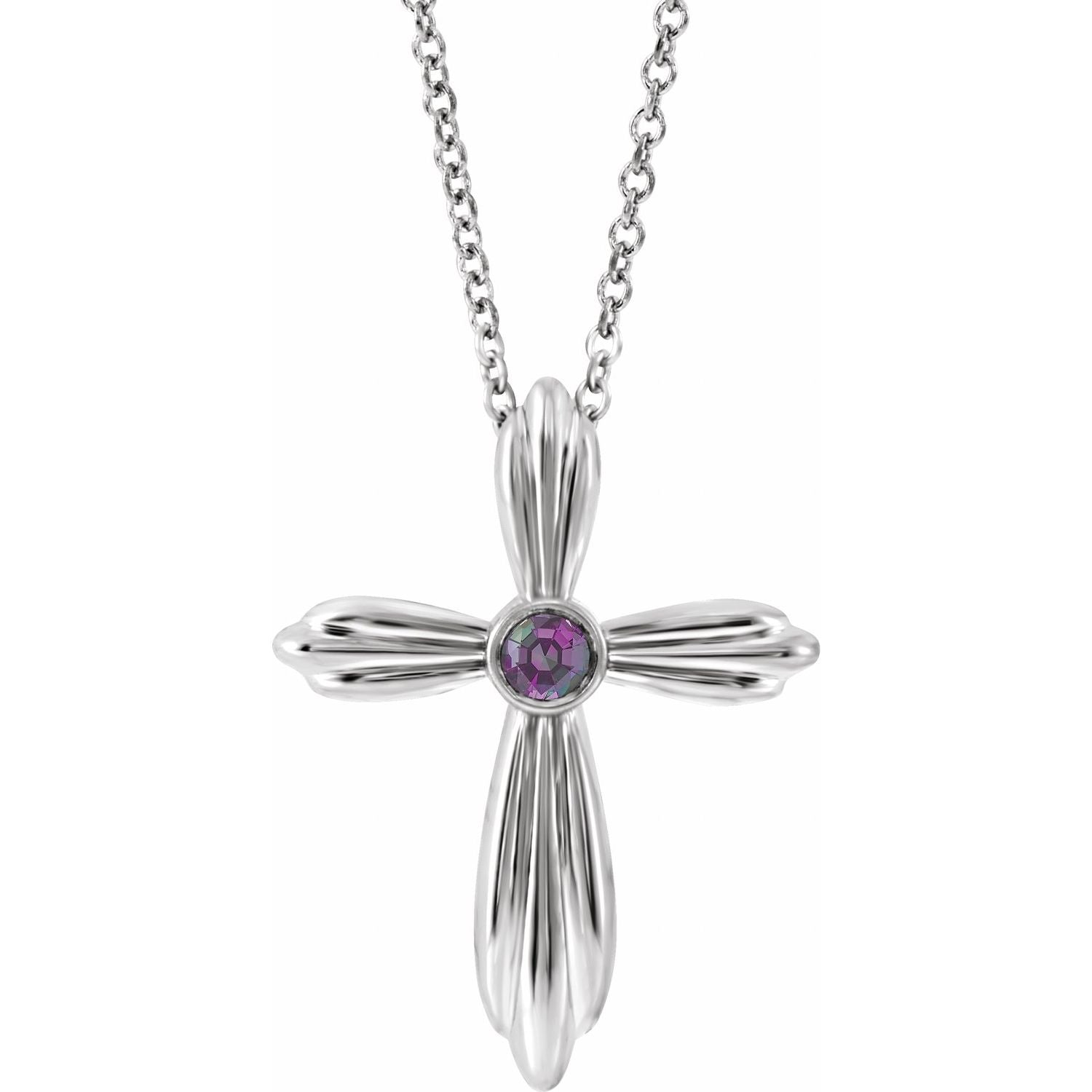Lab-Grown Alexandrite Cross Necklace 16-18" in 14K White Gold