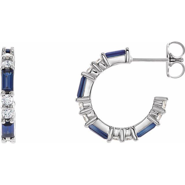 september sapphire baguette diamond hoop earrings in 14k white gold
