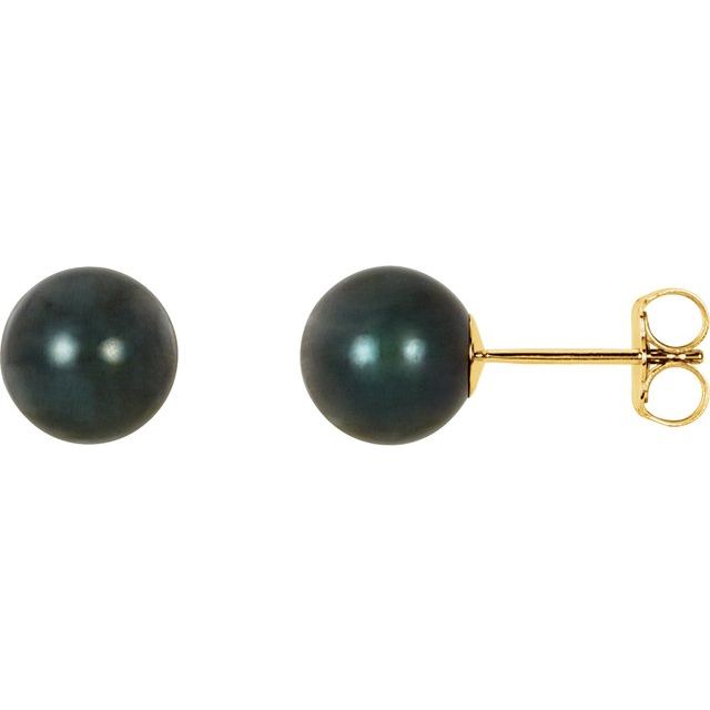 7mm black akoya pearl stud earrings in 14k yellow gold