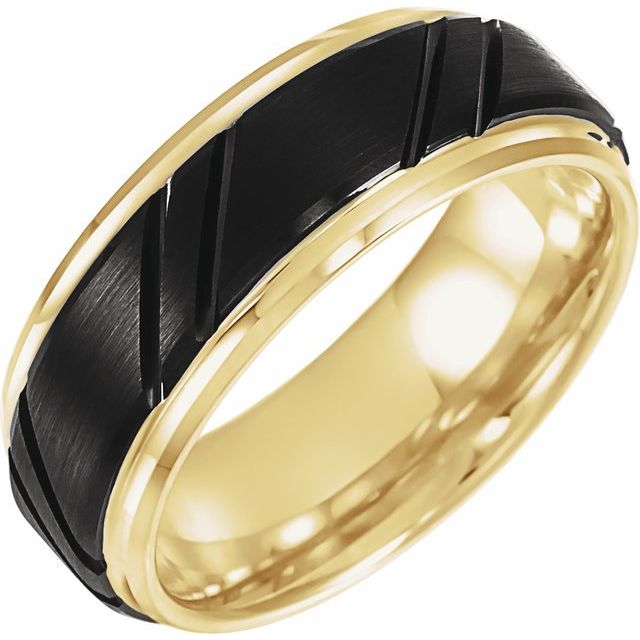 tungsten 8mm gold & black stepped grooved men's wedding band