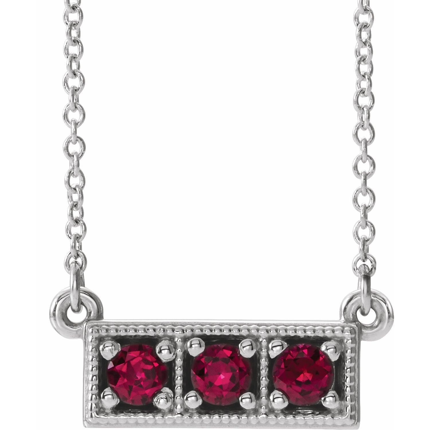 14K White Gold three-stone ruby station necklace
