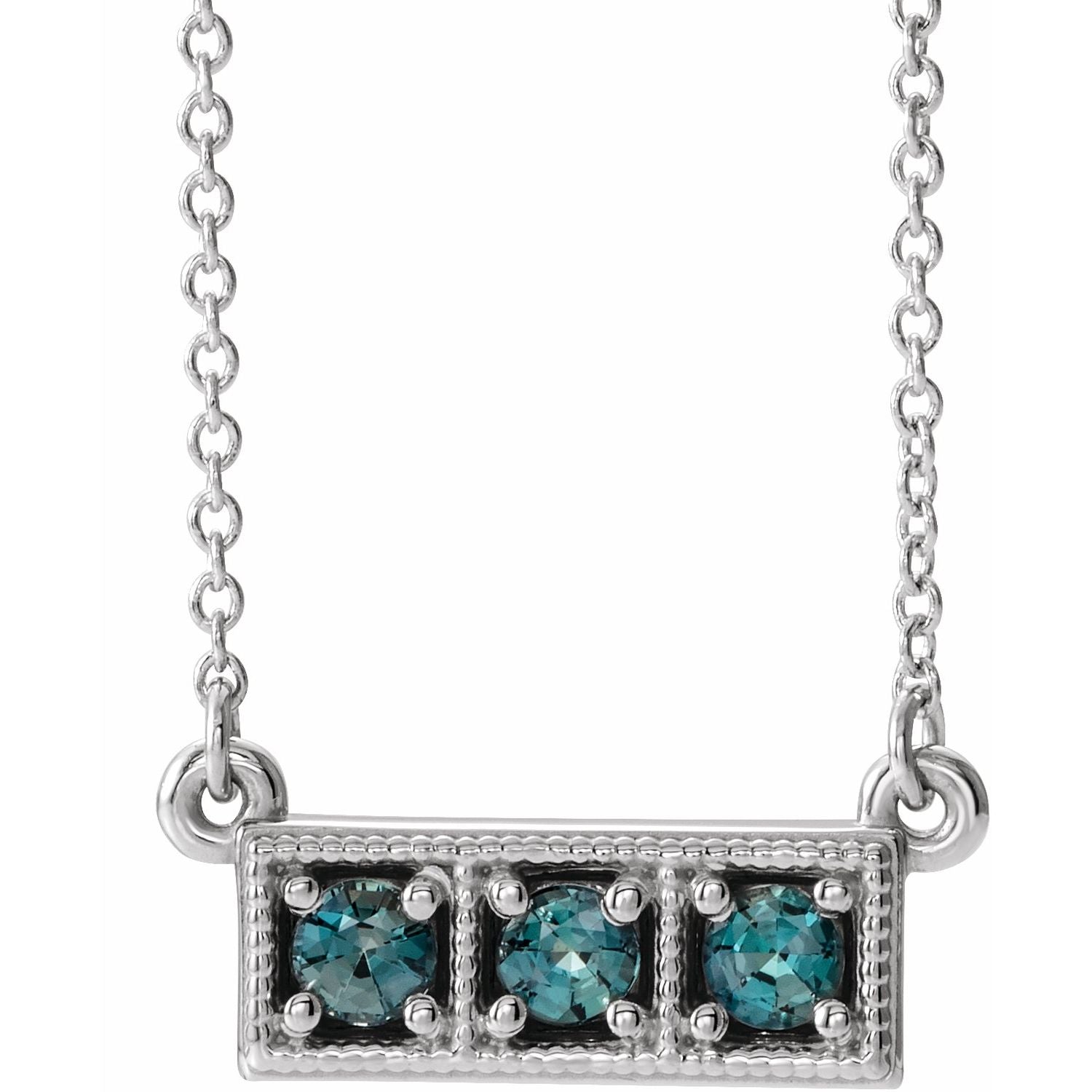 Lab-Grown Alexandrite Three-Stone Bar Necklace 16-18" in 14K White Gold