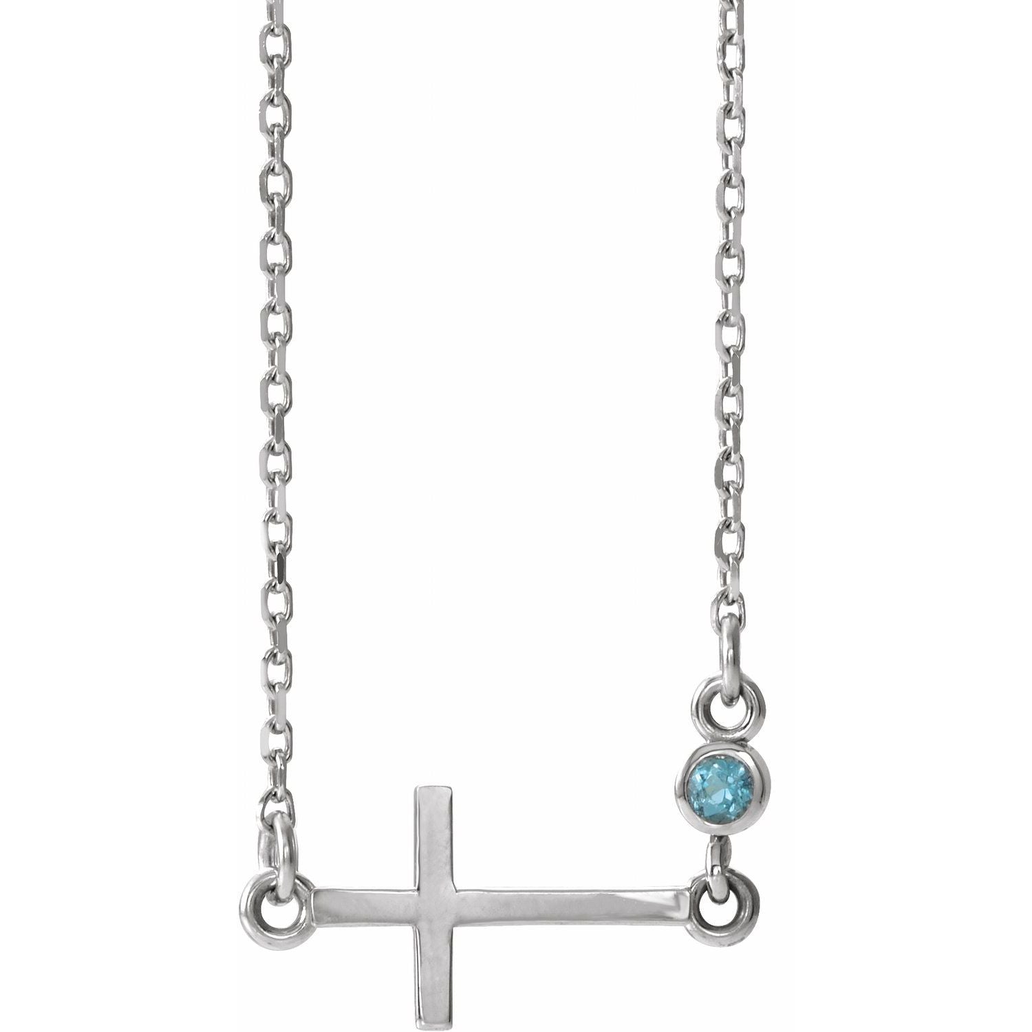 Aquamarine Sideways Cross Necklace 16-18" in 14K White Gold