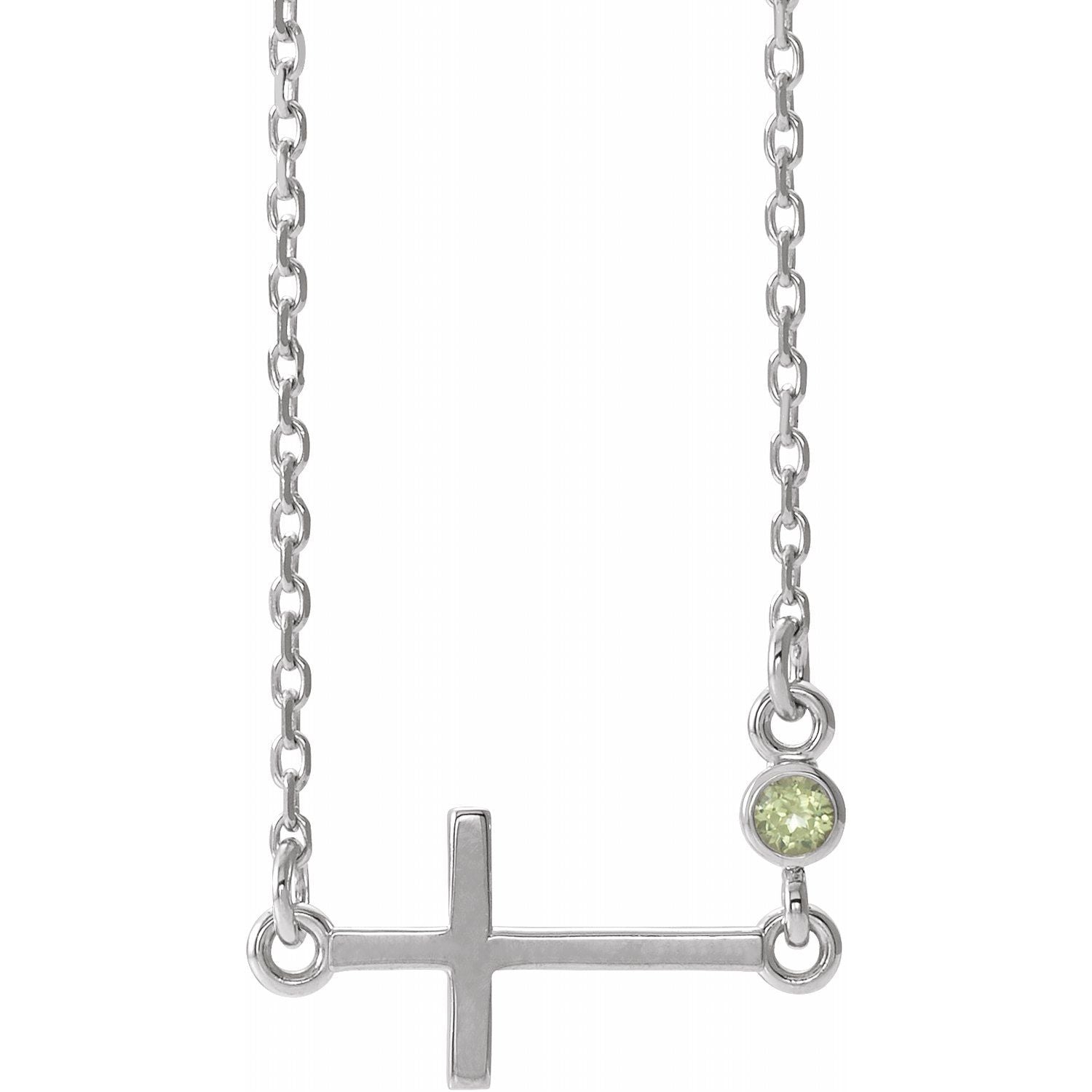 Peridot Sideways Cross Necklace 16-18" in 14K White Gold
