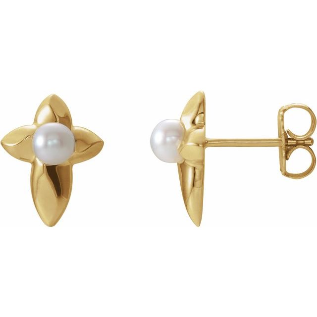 freshwater pearl cross earrings in 14k yellow gold