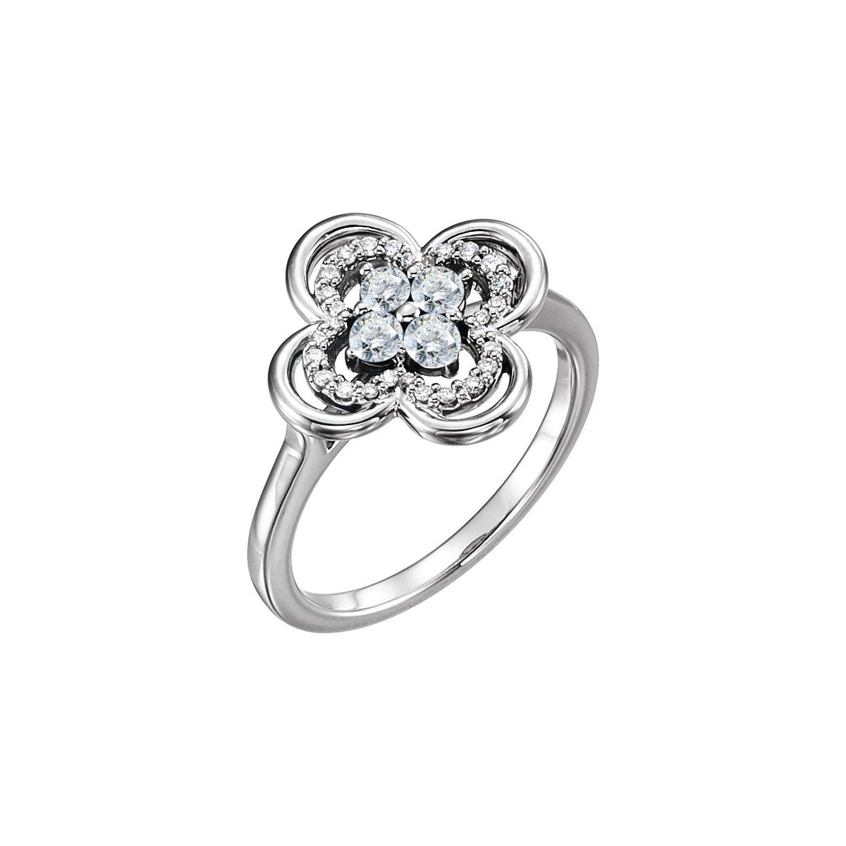 Round Clover Natural Diamond Ring in 14K White Gold
