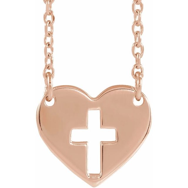 pierced heart cross necklace in 14k rose gold