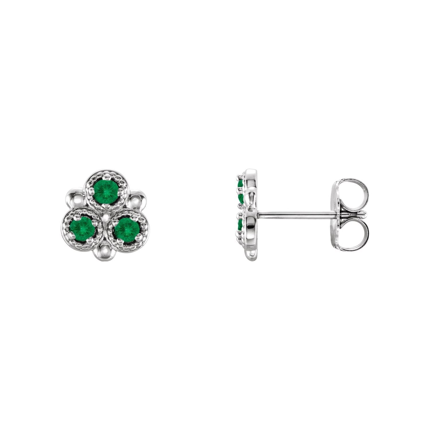 14K White Gold three-stone trefoil natural emerald stud earrings