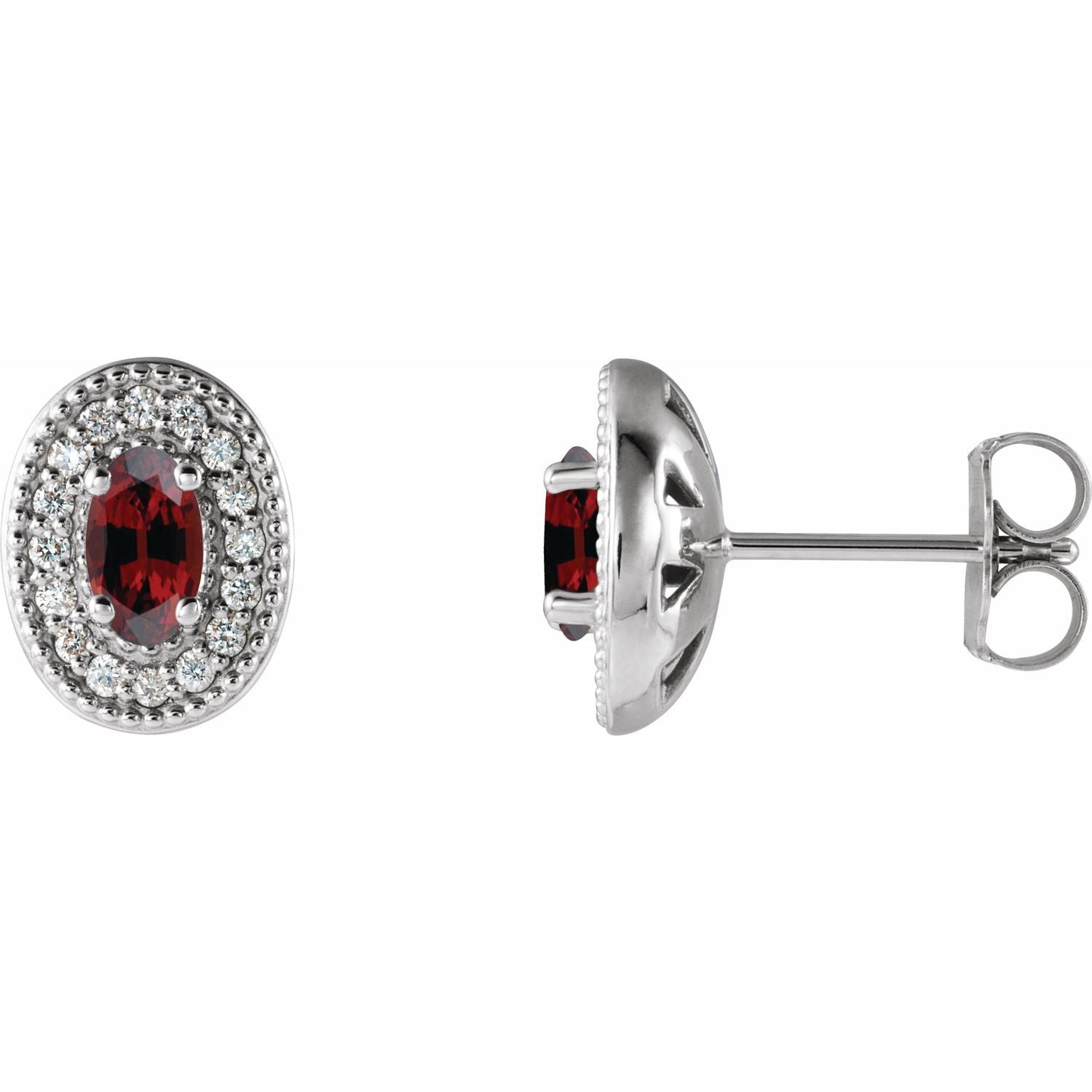 14K White Gold oval natural garnet earrings