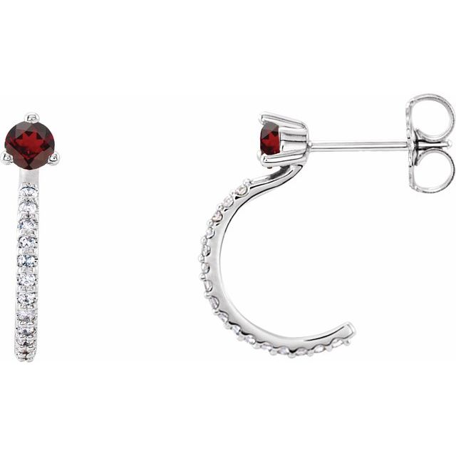 january garnet round diamond hoop earrings in 14k white gold