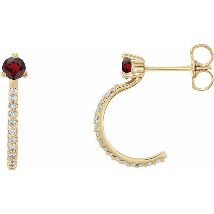 January Garnet Round Diamond Hoop Earrings (1/8 ct tw) in 14k Yellow Gold
