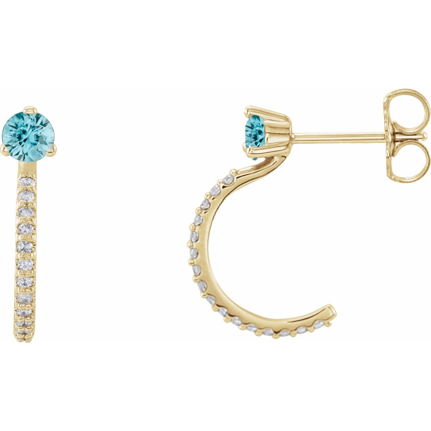 December Blue Zircon Round Diamond Hoop Earrings (1/8 ct tw) in 14k Yellow Gold