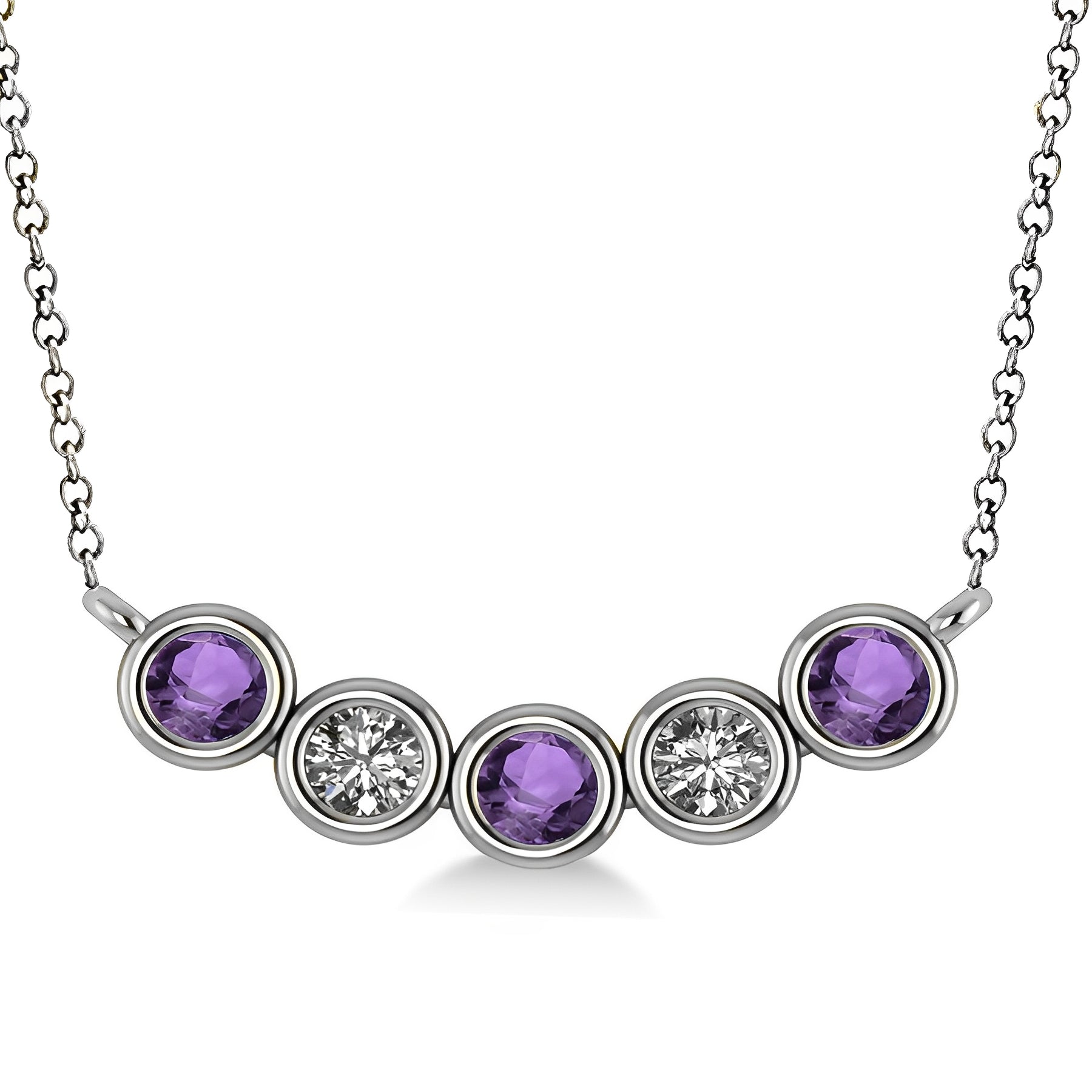 5 Stone Diamond & Amethyst Necklace in 14k White Gold Front View