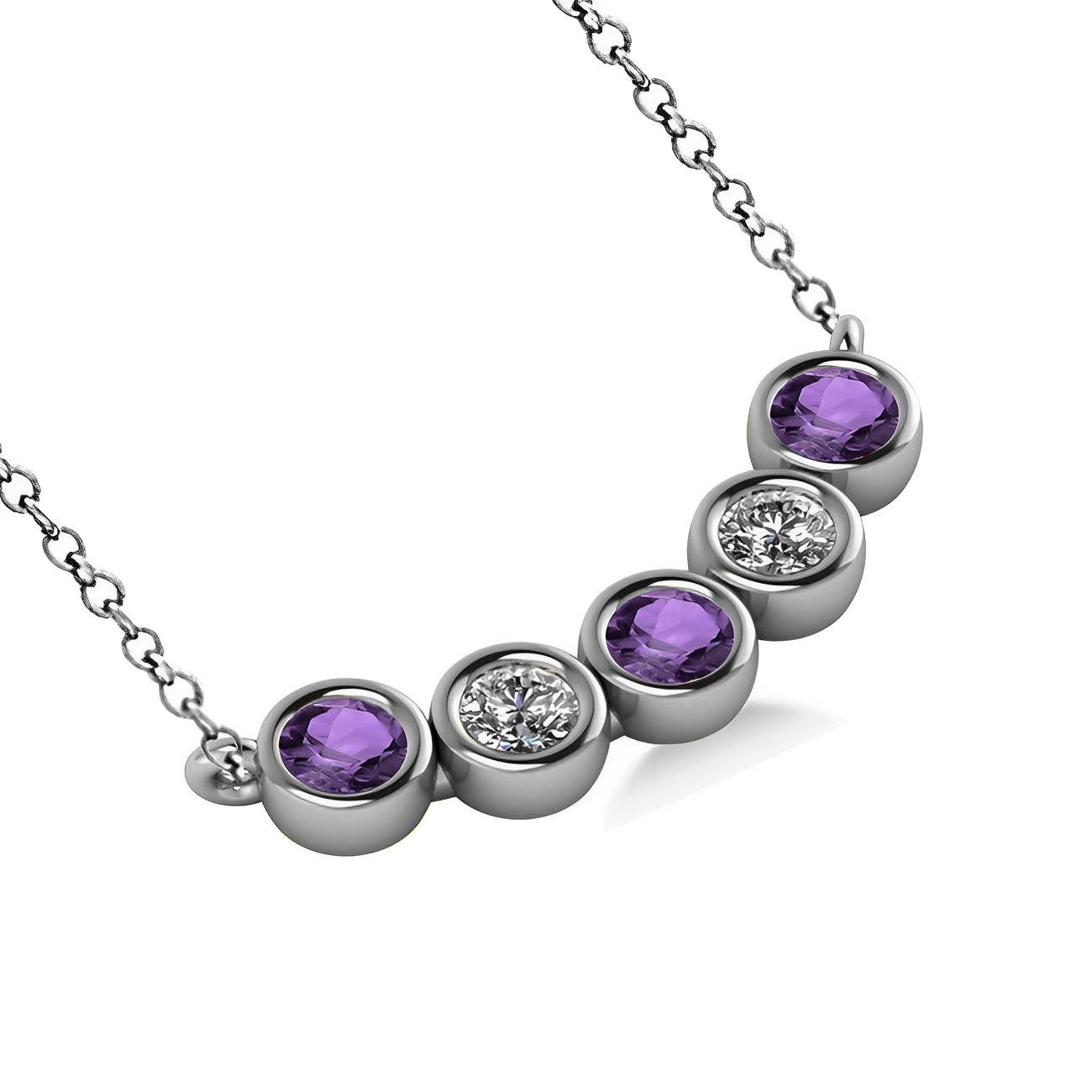 5 Stone Diamond & Amethyst Necklace in 14k White Gold Flat View
