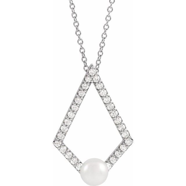freshwater pearl & diamond geometric necklace in 14k white gold