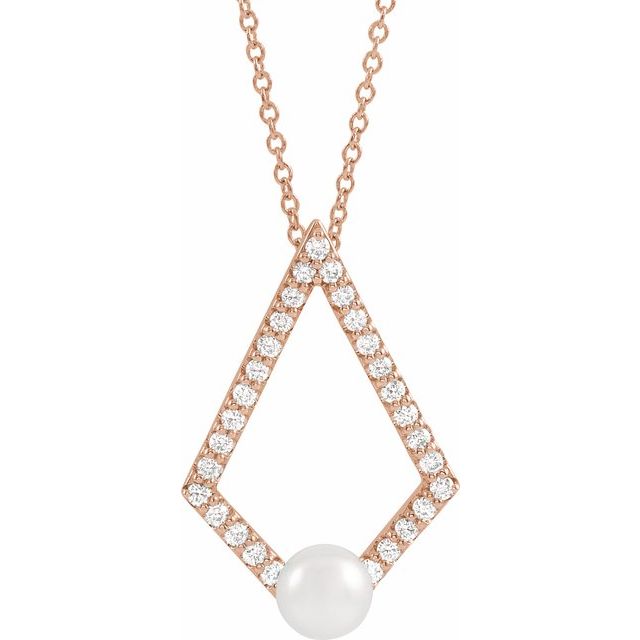 freshwater pearl & diamond geometric necklace in 14k rose gold