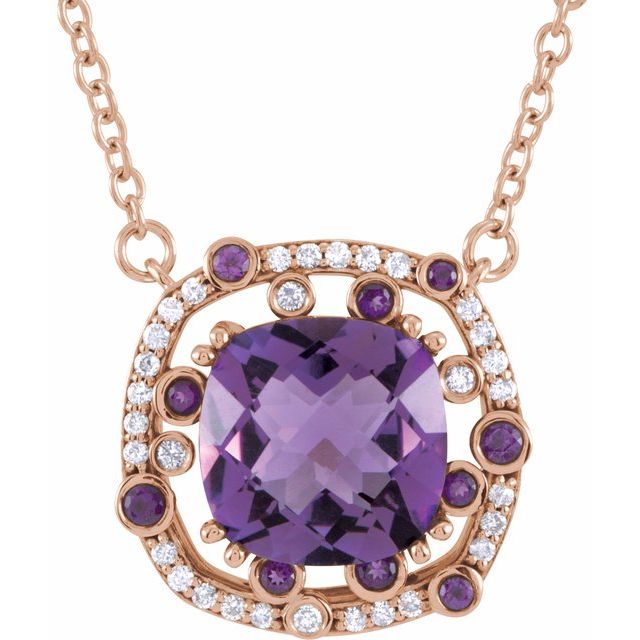 february amethyst cushion diamond necklace in 14k rose gold