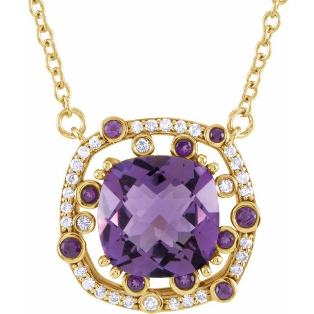 february amethyst cushion diamond necklace in 14k yellow gold
