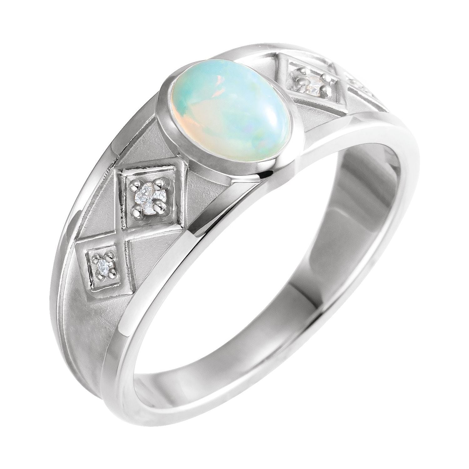 Ethiopian Opal & Diamond Vintage Band in 14K White Gold - natural opal