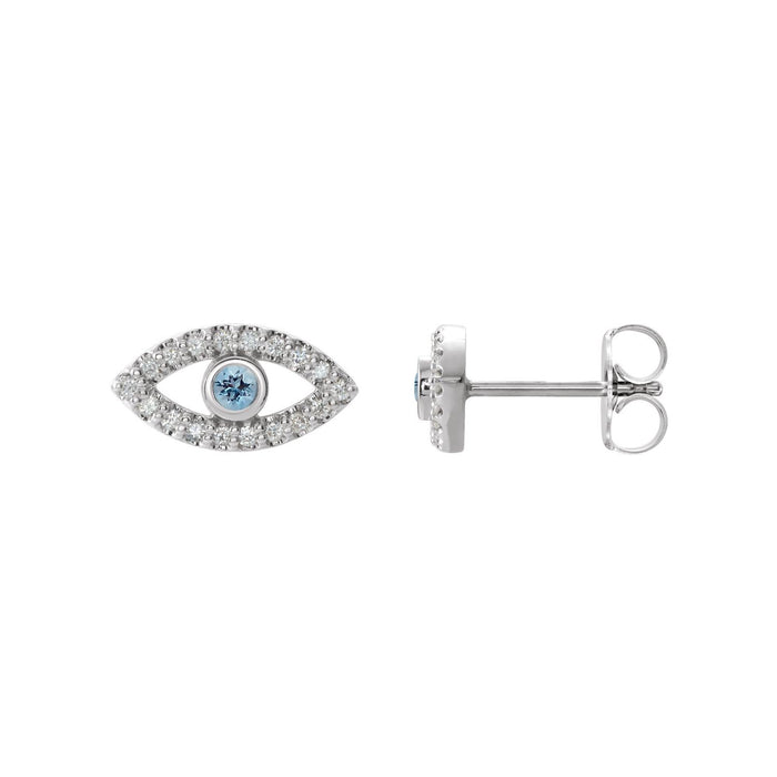 Evil Eye Stud Natural Aquamarine Earrings with White Sapphire in 14K White Gold