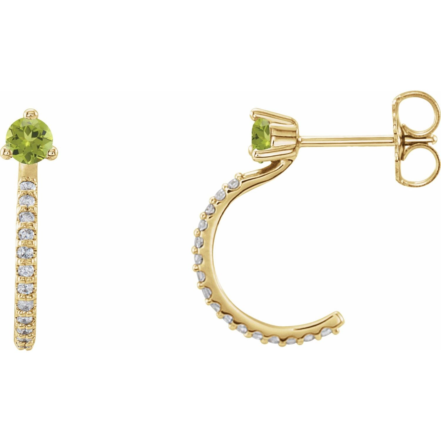 August Peridot Round Diamond Hoop Earrings (1/8 ct tw) in 14k Yellow Gold