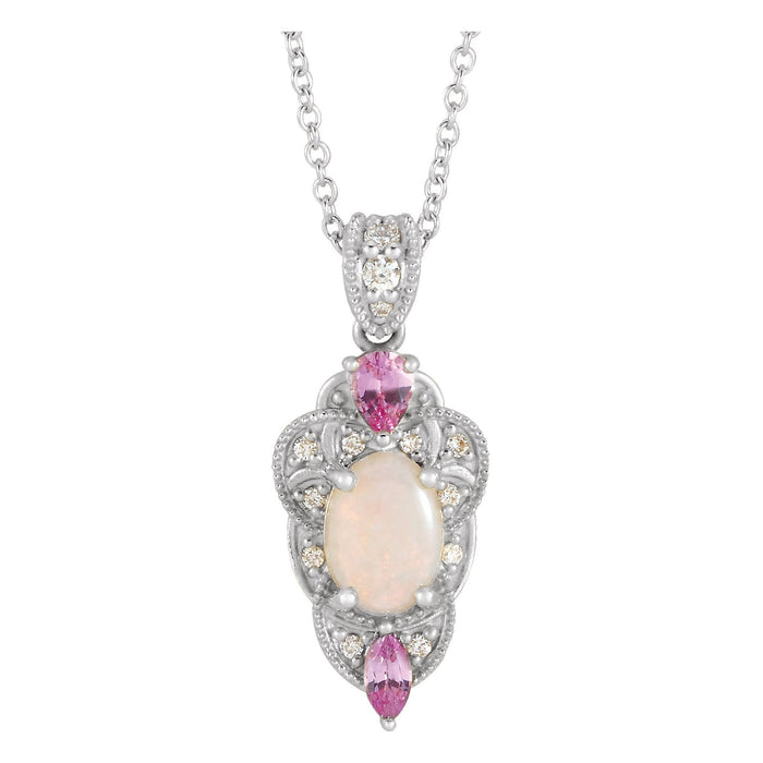 opal, pink sapphire and diamond vintage scrollwork drop pendant, 14K White Gold
