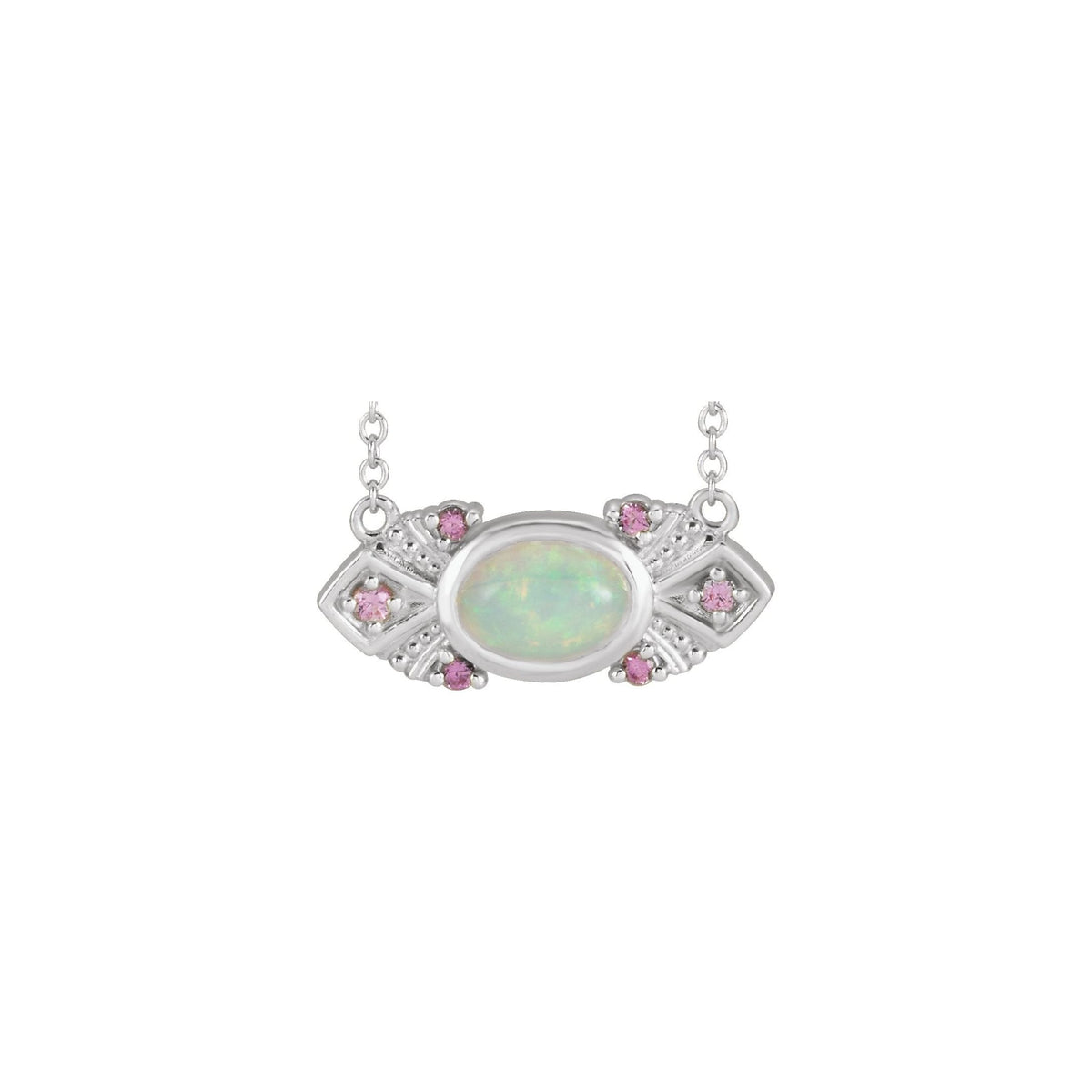 ethiopian opal and pink sapphire east west vintage bar pendant, 14K White Gold