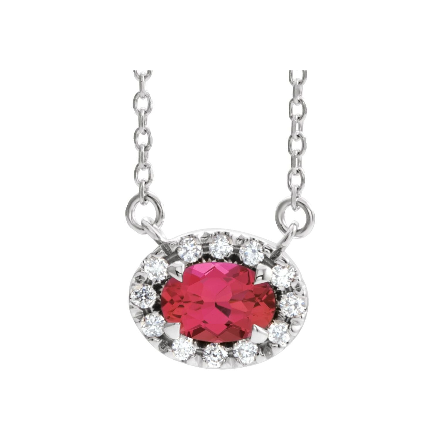 14K White Gold oval halo diamond & ruby necklace