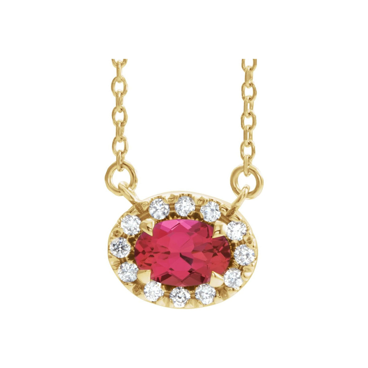 14K Yellow Gold oval halo diamond & ruby necklace