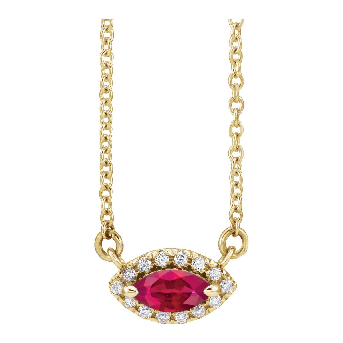 14K Yellow Gold marquise diamond halo ruby necklace