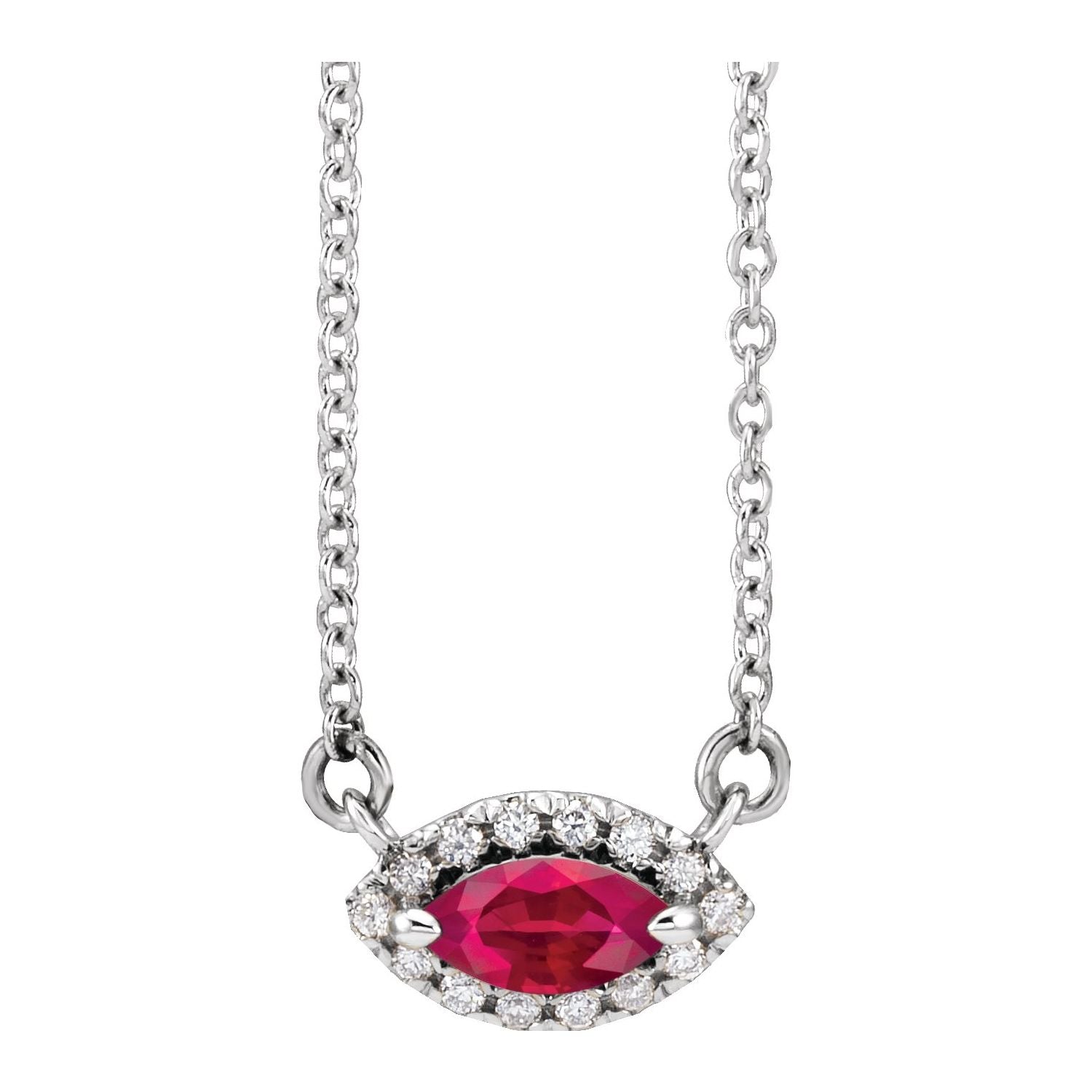 14K White Gold marquise diamond halo ruby necklace