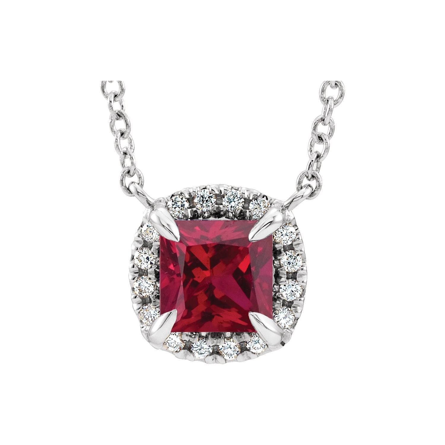 14K White Gold princess-cut diamond & ruby necklace