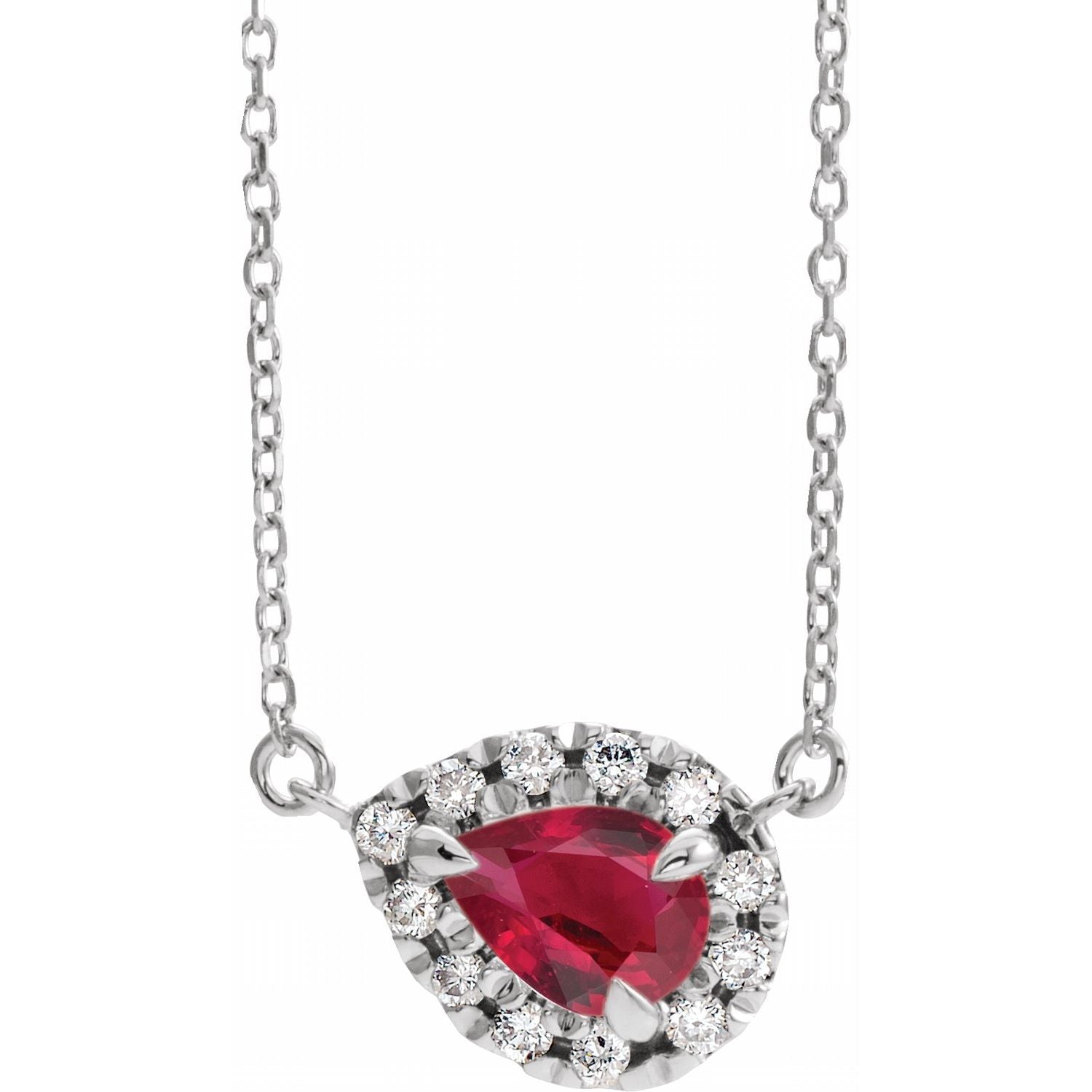 14K White Gold pear diamond & ruby necklace