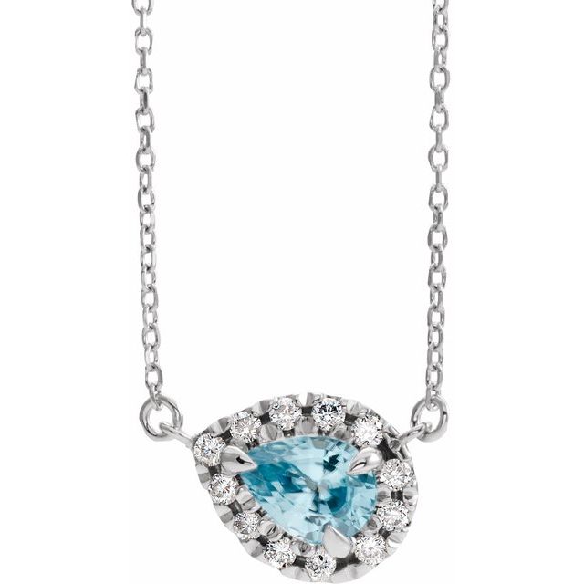 pear sky blue topaz diamond halo necklace in 14k white gold