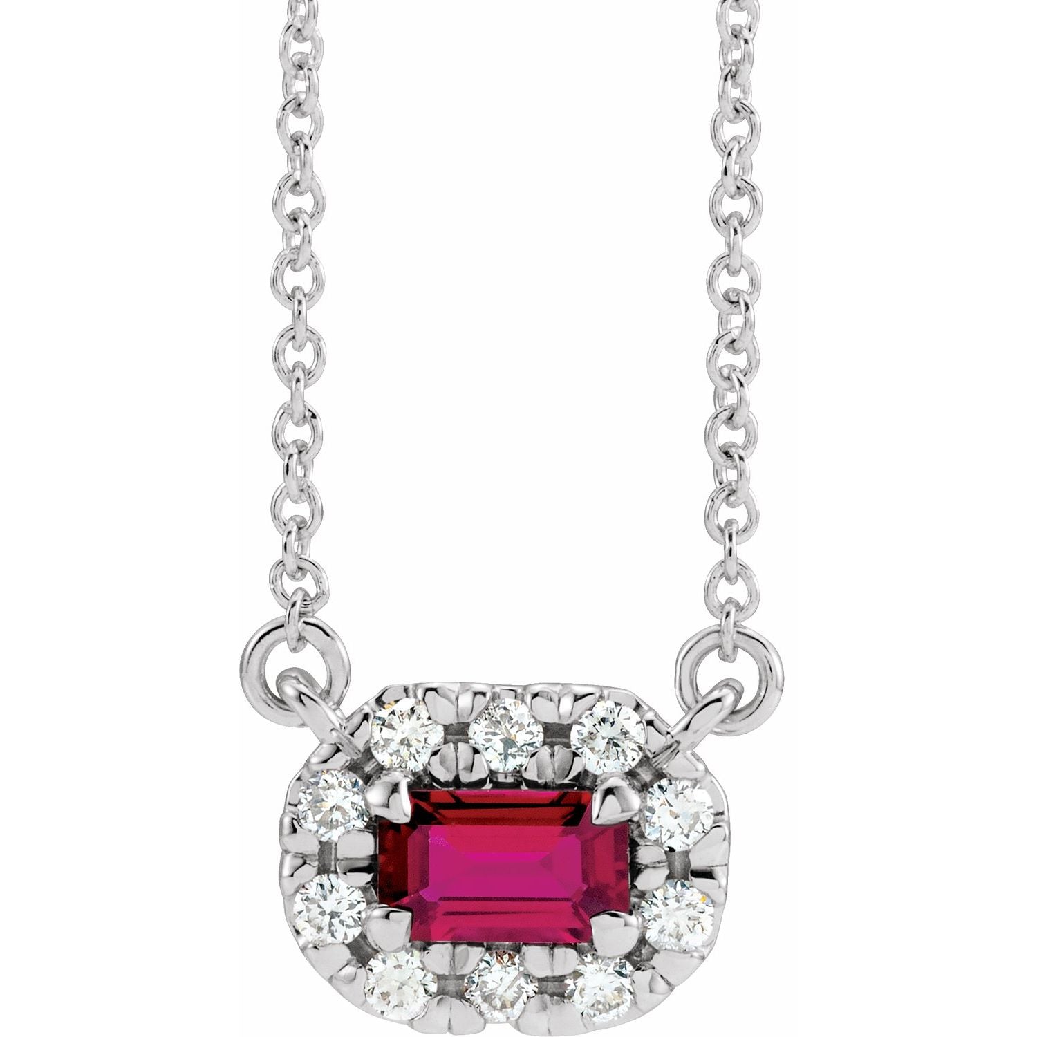 14K White Gold emerald-cut diamond halo ruby necklace