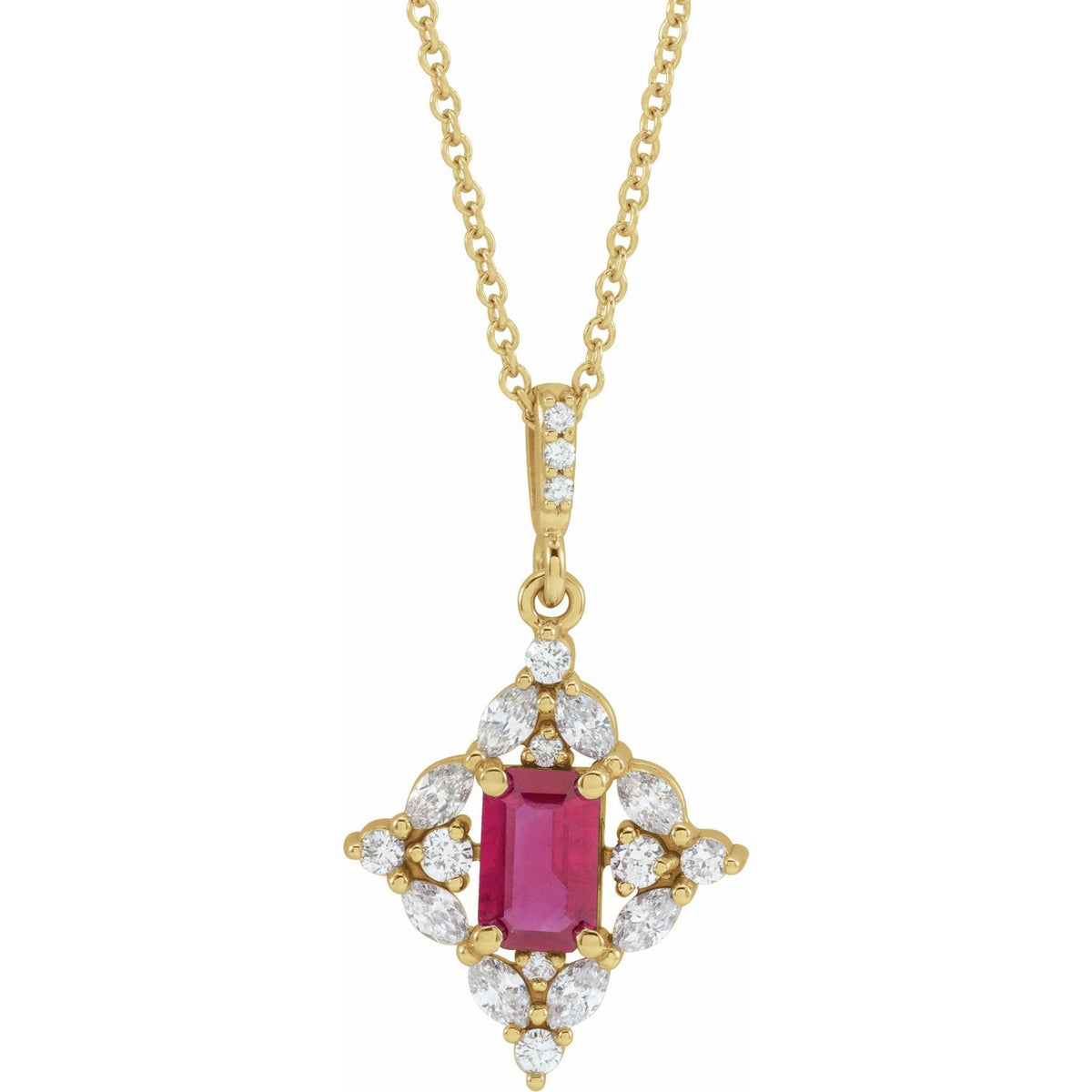 14K Yellow Gold emerald-cut statement diamond & ruby necklace