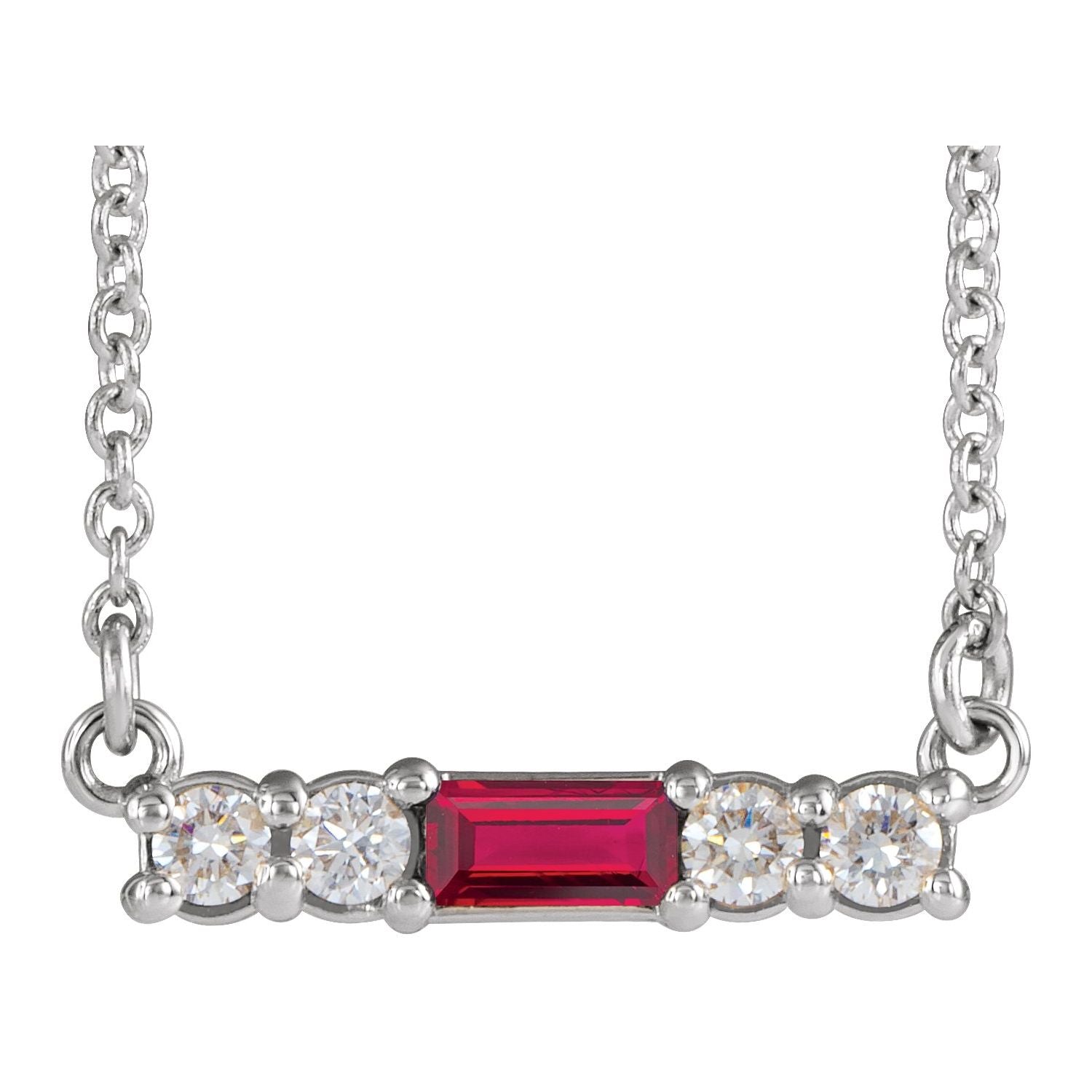 14K White Gold baguette diamond & ruby necklace