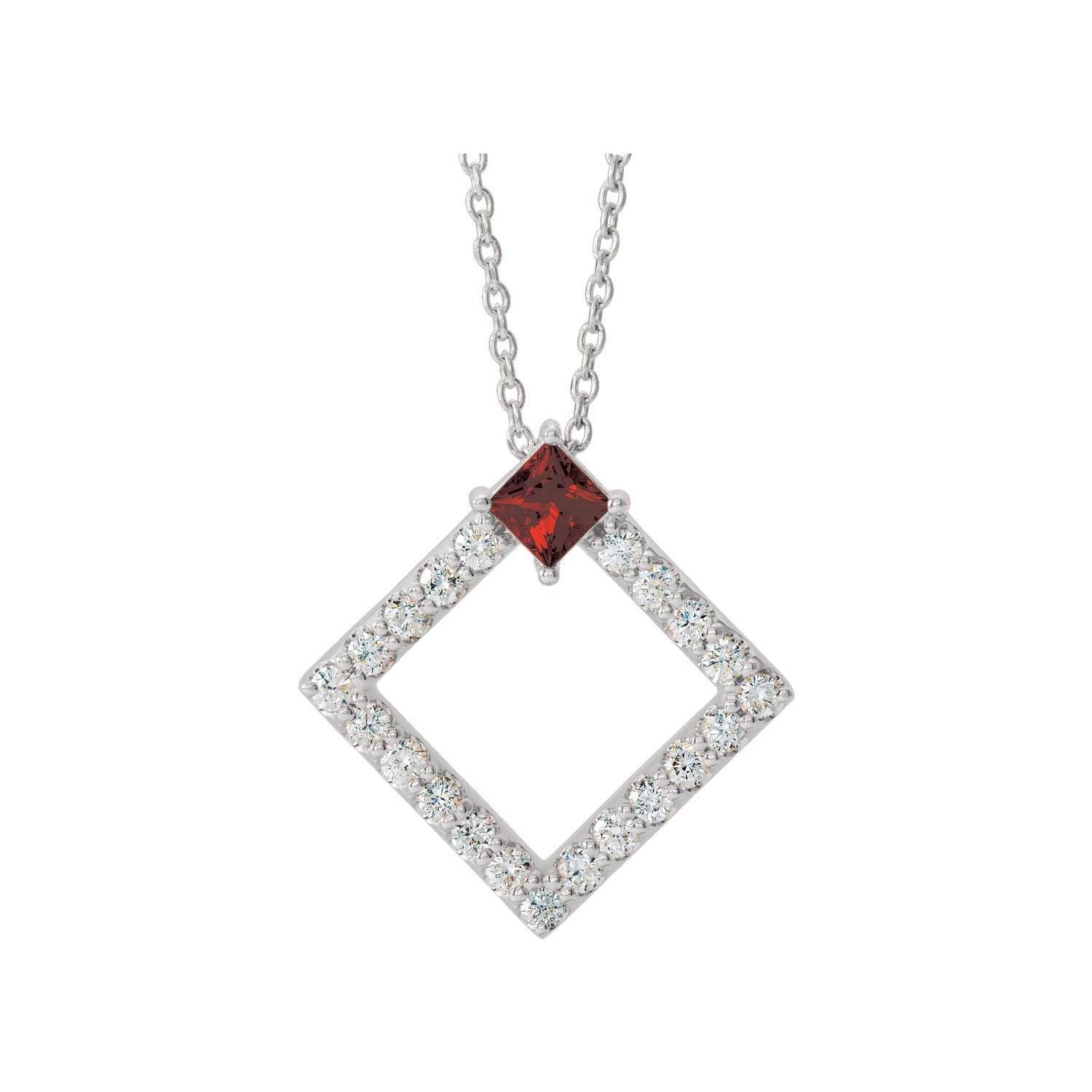 Mozambique garnet diamond solitaire necklace, 14K White Gold