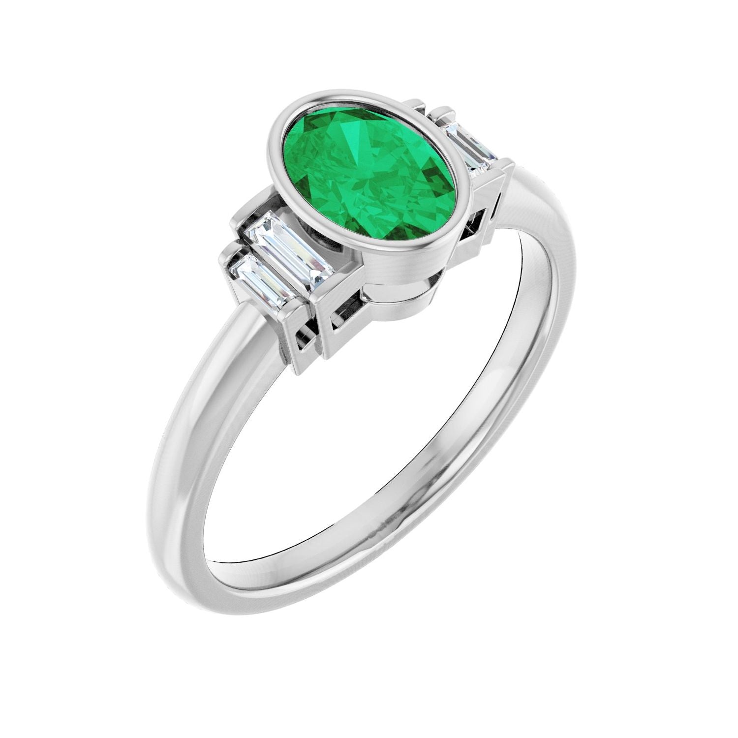 Oval Emerald Bezel-Set Classic Engagement Ring in 14K White Gold