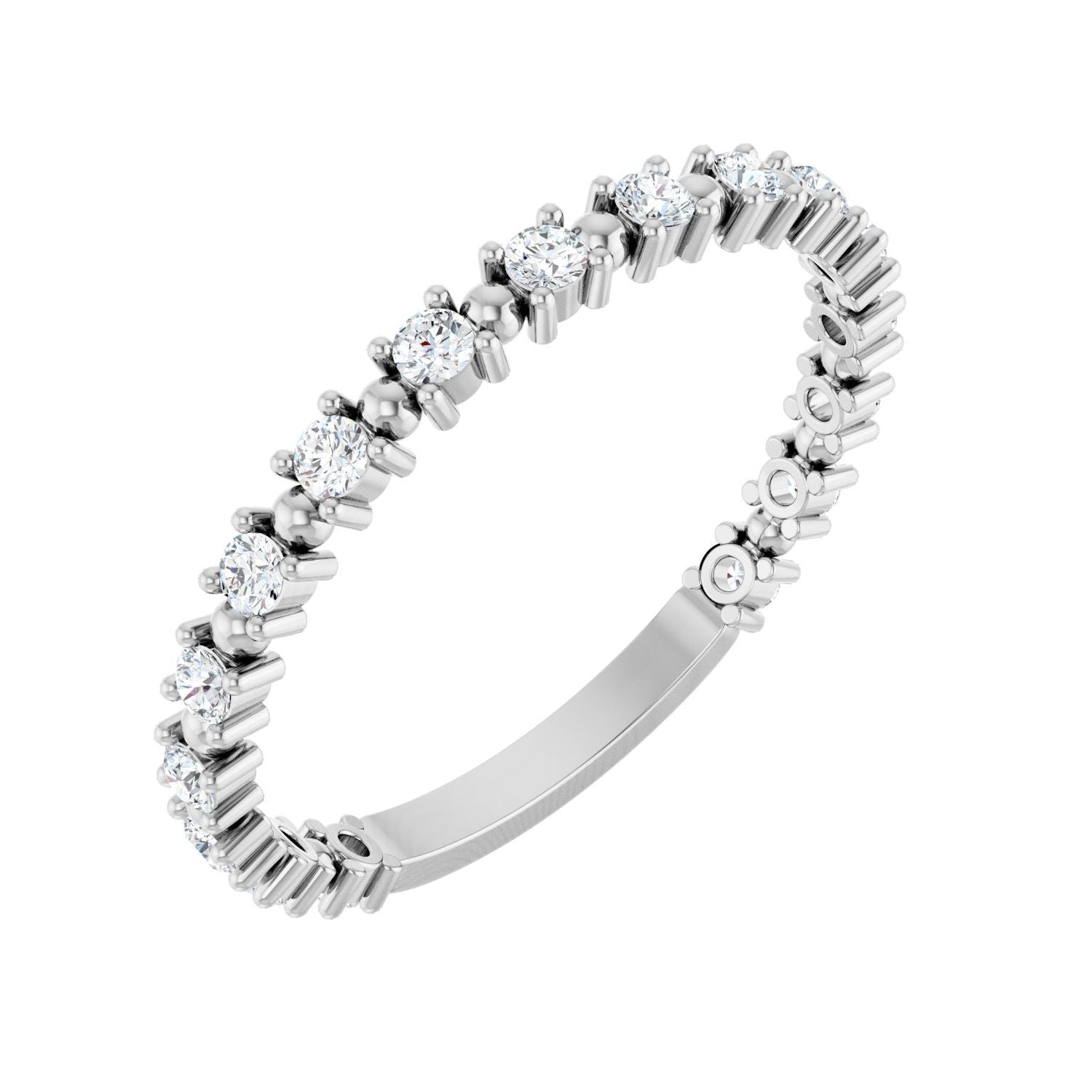 White Gold bead-set round natural diamond anniversary band with seventeen diamonds spaced across the front in vintage beaded settings