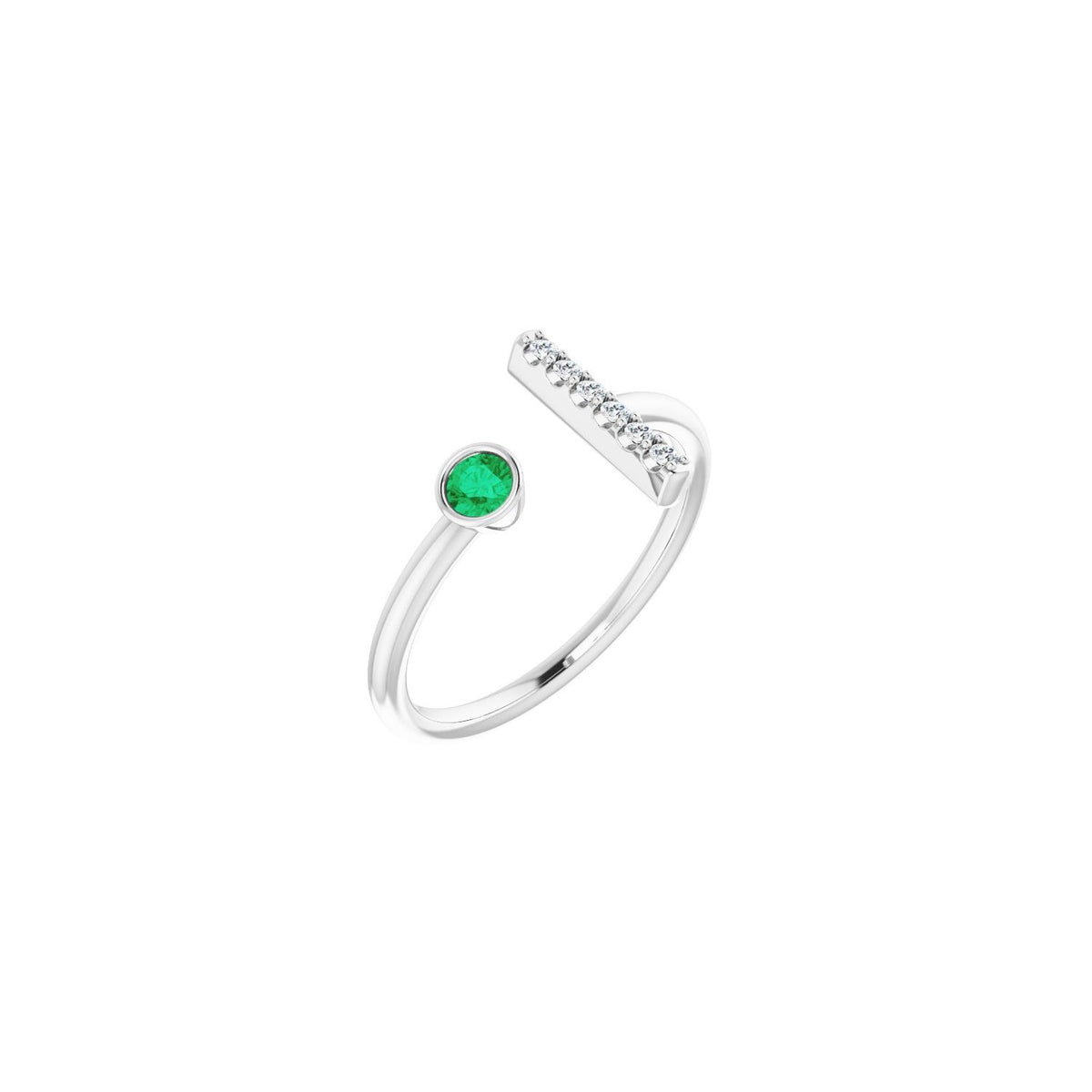 Natural Emerald & Diamond Bar Ring (.05 ctw) in 14K White Gold