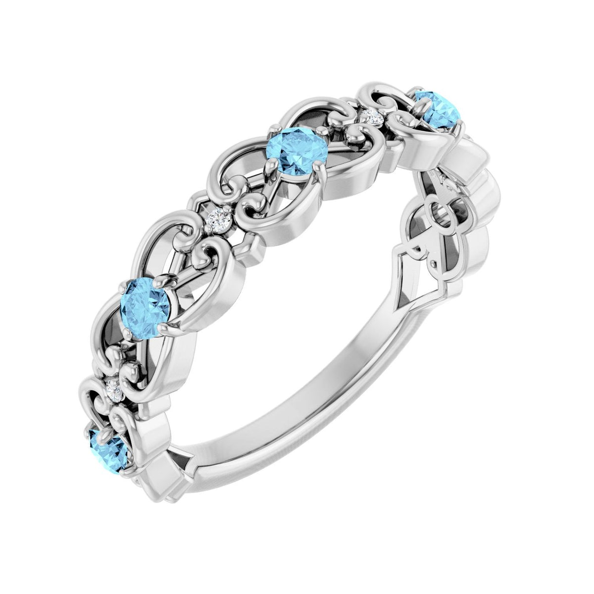 Natural Aquamarine Diamond Scroll Ring (.02 ctw) in 14K White Gold