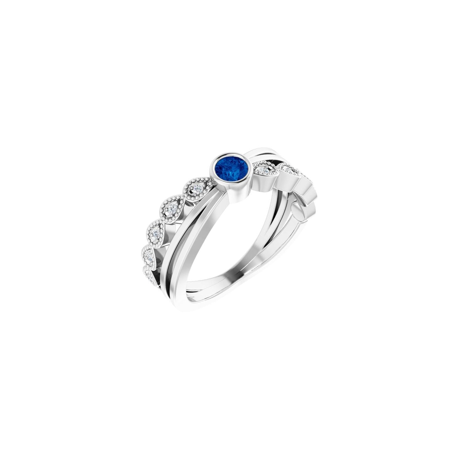 Blue Sapphire Criss-Cross Bezel Ring (.04 ctw) in 14K White Gold