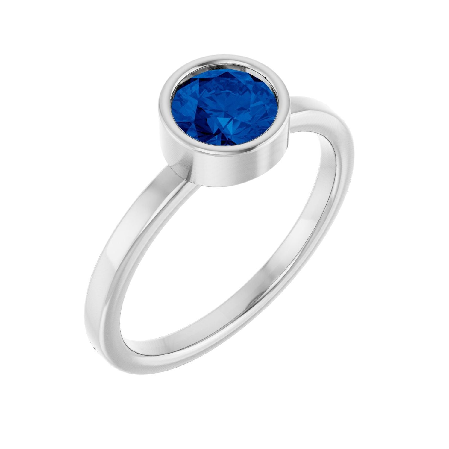 Blue Sapphire Bezel Solitaire Ring (6 mm) in 14K White Gold