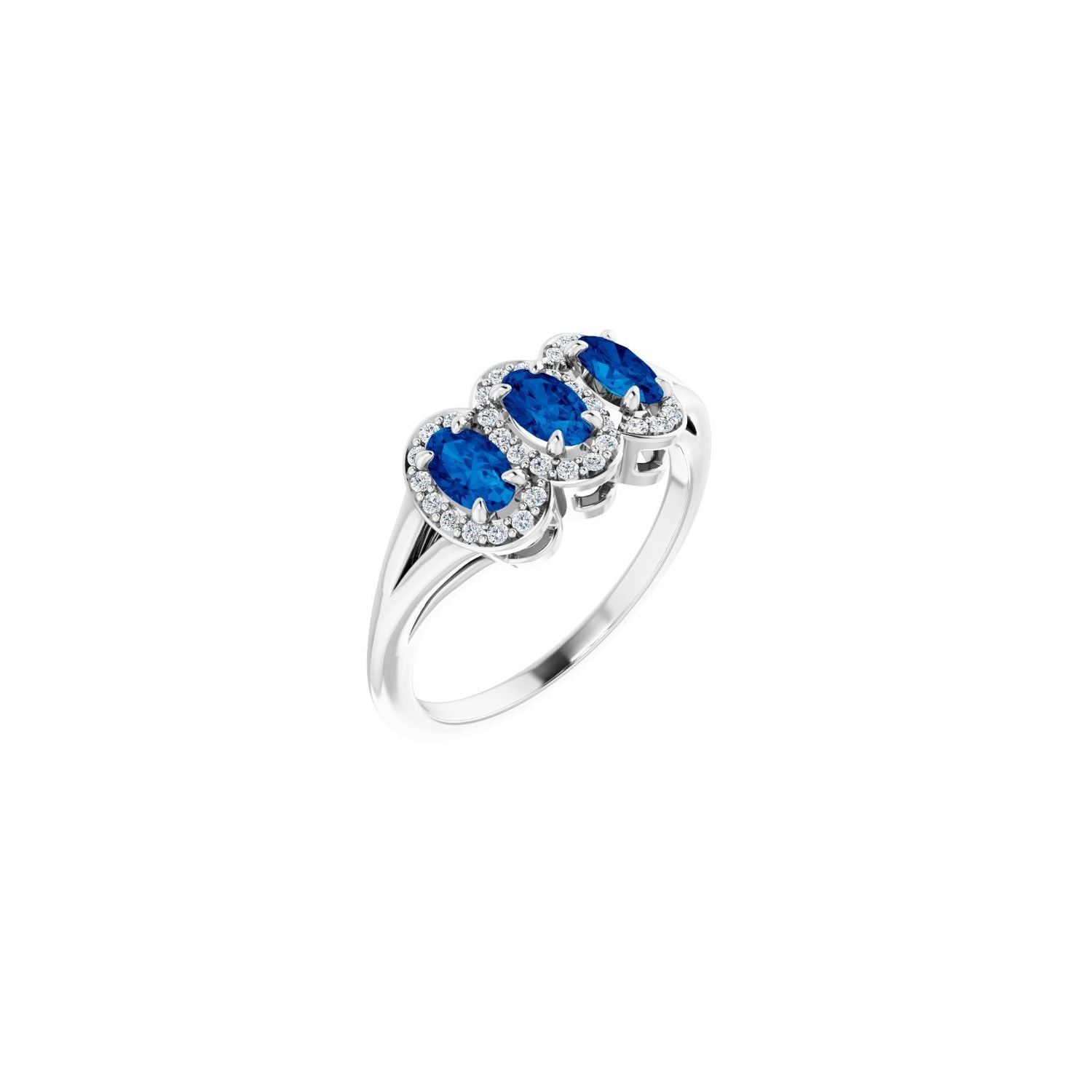Oval Blue Sapphire Three-Stone Halo Ring (1/8 ctw) in 14K White Gold