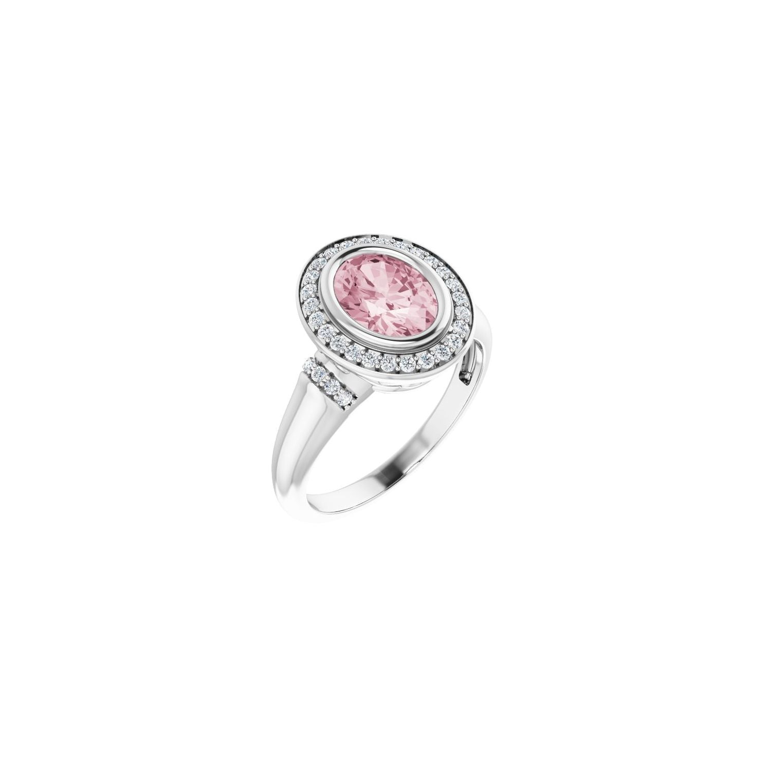 Morganite Oval Bezel Diamond Halo Ring (1/5 ctw) in 14K White Gold