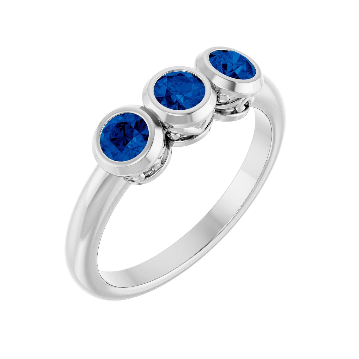 Blue Sapphire Three-Stone Bezel Ring in 14K White Gold