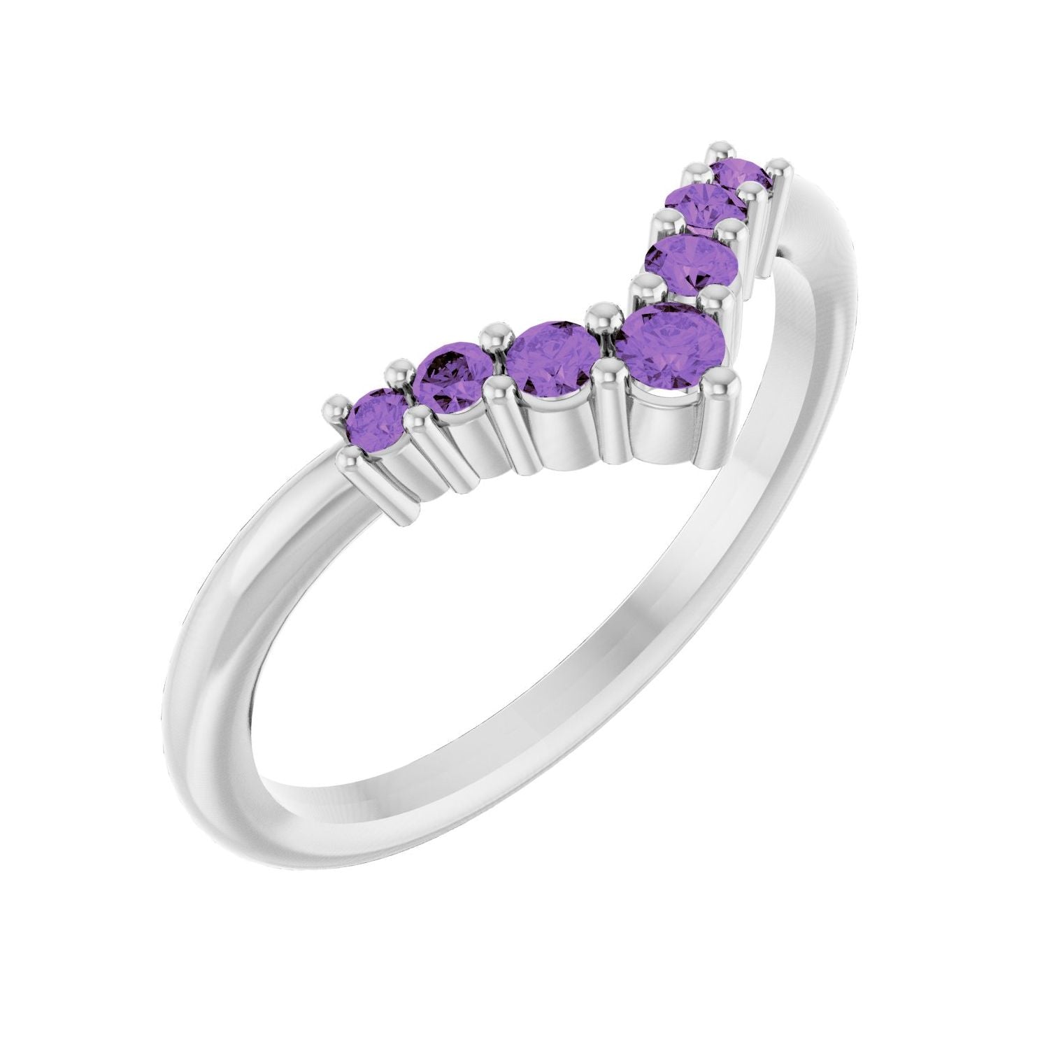 Amethyst Graduated V Ring in 14K White Gold