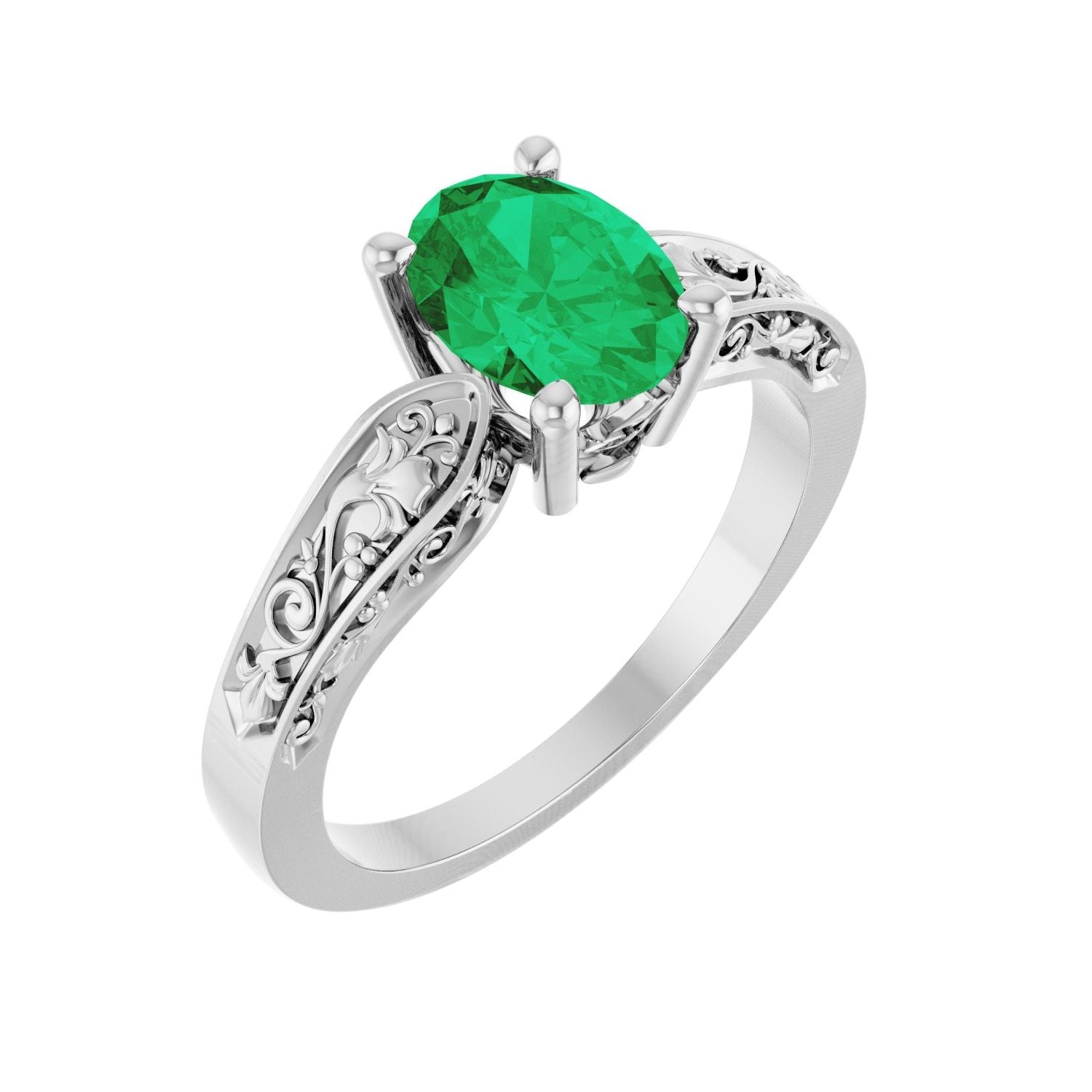 Oval Emerald Floral Sculptural Solitaire Engagement Ring in 14K White Gold